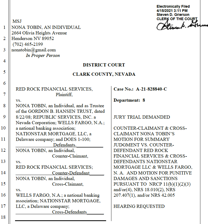 Nona Tobin’s Motion for Summary Judgment vs. Red Rock Financial Services, Nationstar, & Wells Fargo